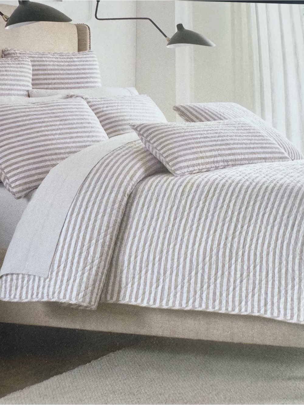 NEW 3pc BROOKS BROTHERS Linen Blend KING Quilt & Sham Set Quilted Natural Stripe